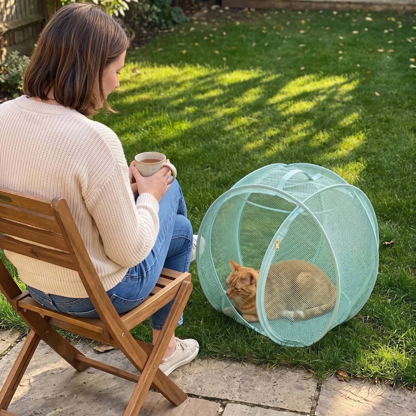 Woman with a mug of tea on a garden chair next to her ginger cat lying in the mint pod
