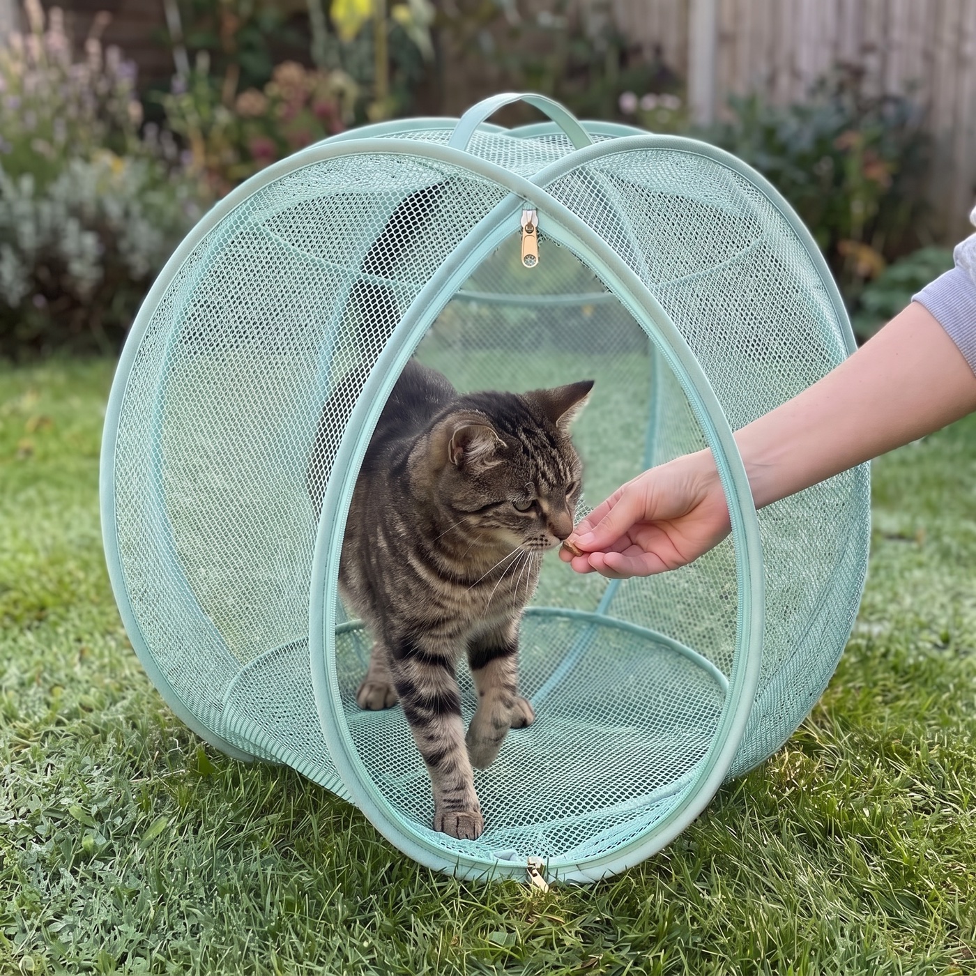 Tabby cat stepping into the open pod for a treat